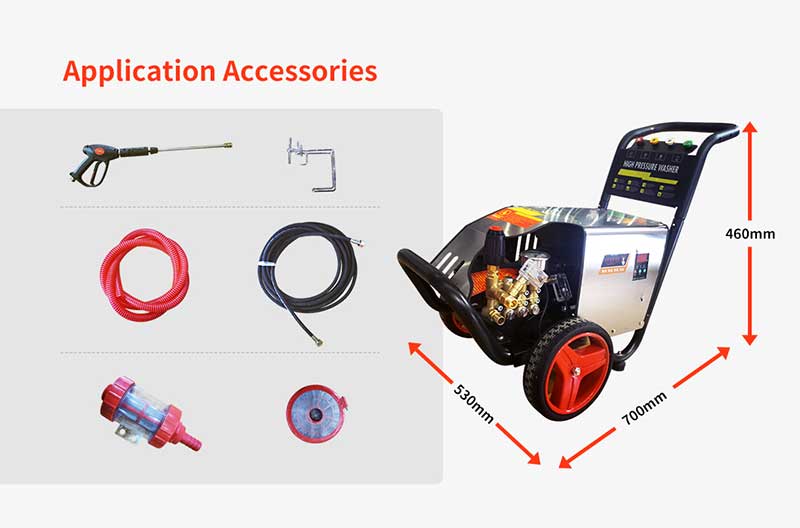 Dimensions and accessories of BT-GB2150 commercial pressure washer with double water sealing.