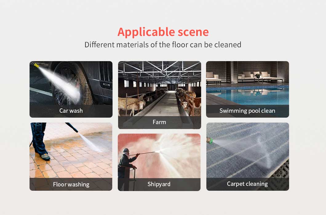 Multi-scene cleaning applications for heavy-duty electric pressure washer including car wash and shipyard.