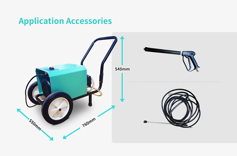 BT-GB2000 80 Bar high pressure washer technical specifications and accessories including spray gun and hose.