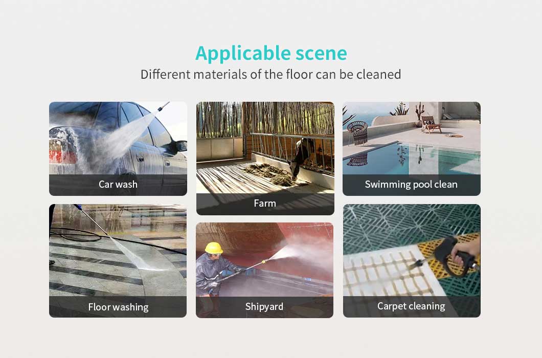 Multi-scene applications of the High pressure car washer for car wash, farm, and floor washing.