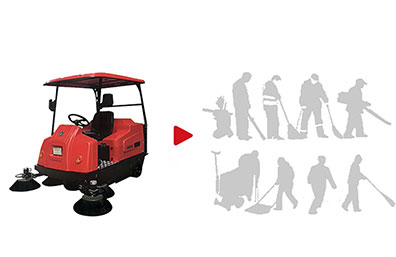 High efficiency ride on sweeper working capacity