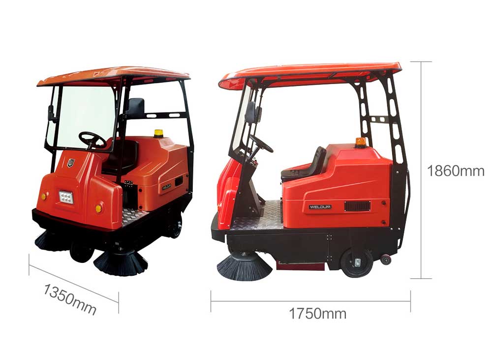 Technical specifications of the Commercial Floor Sweeper showing sweeping width and ride-on industrial sweeper dimensions.