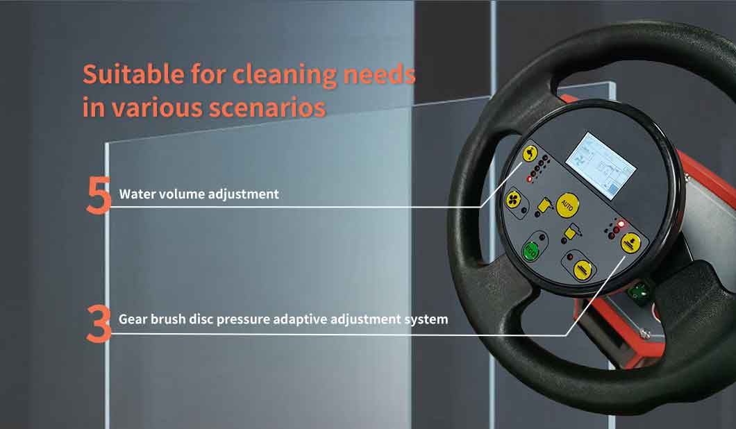 BT-AAWS150 Ride-On Floor Scrubber steering wheel control panel and intelligent features