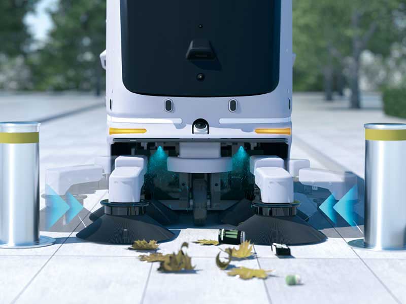 Fully autonomous electric street sweeper with adaptive brushes for zero-edge cleaning