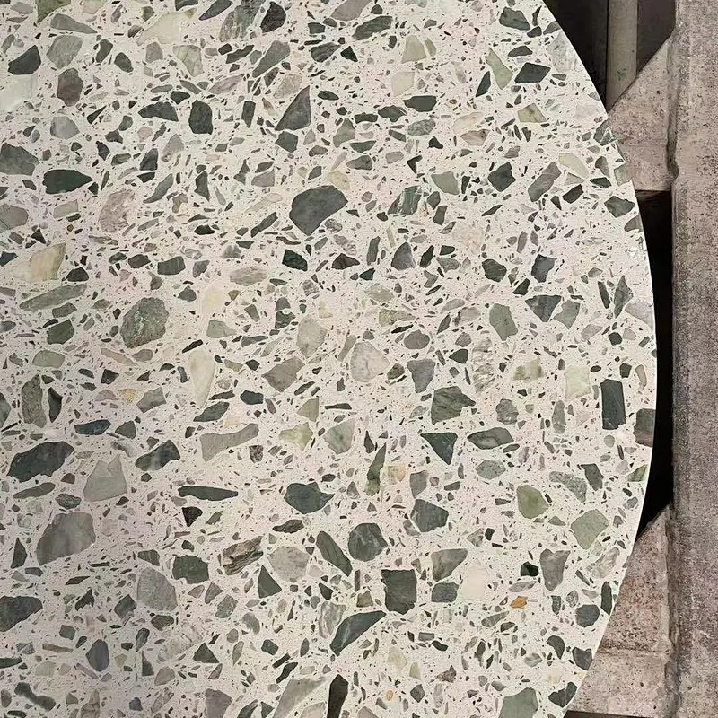 Round White Cement Terrazzo with Big Green Aggregates Table Tops