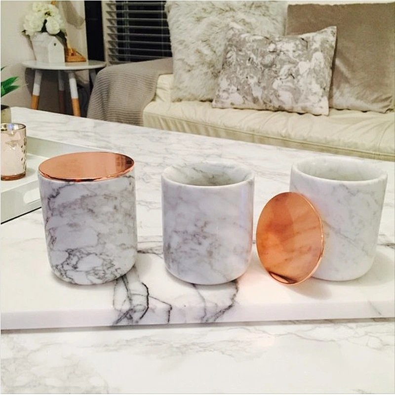 Handmade natural white and black marble candle holder and marble jar