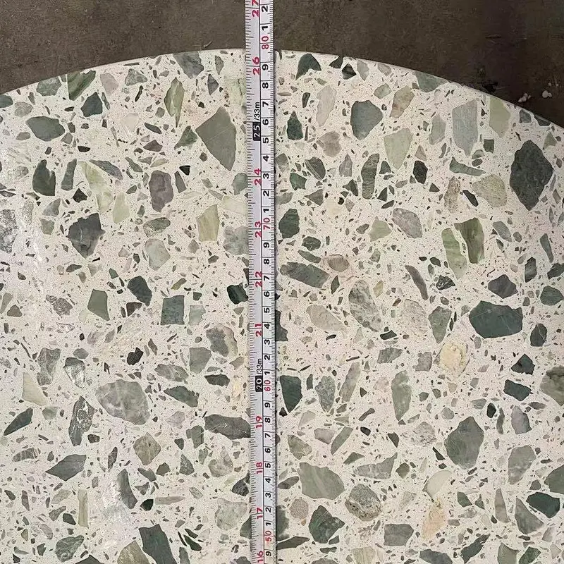 Round White Cement Terrazzo with Big Green Aggregates Table Tops