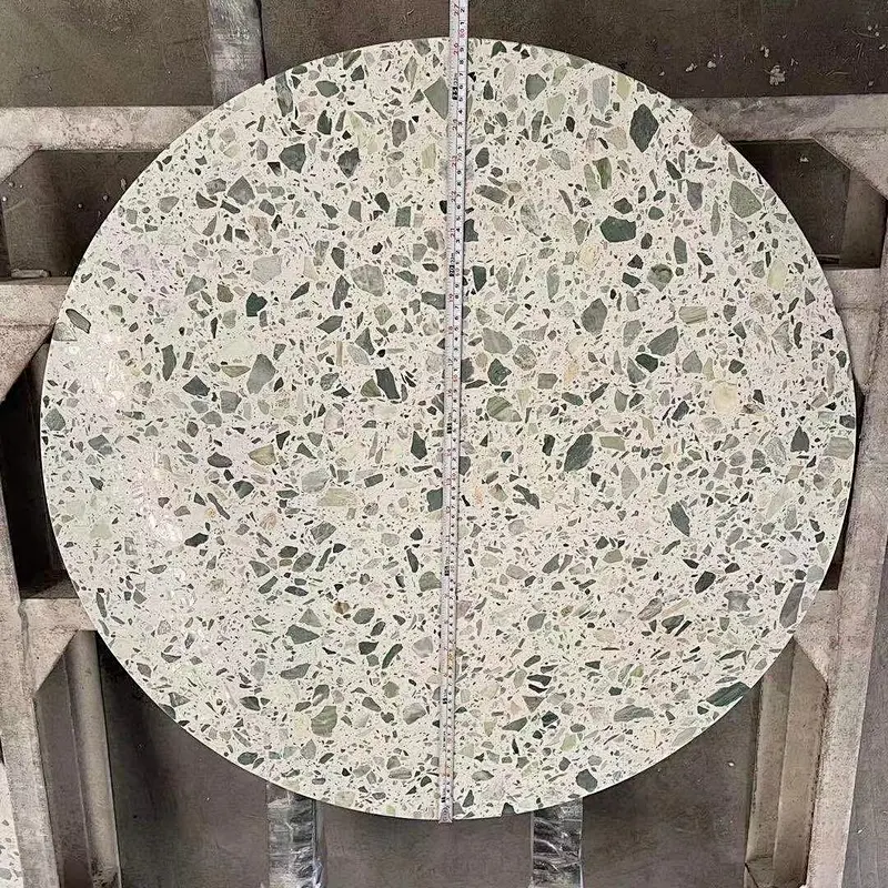 Round White Cement Terrazzo with Big Green Aggregates Table Tops