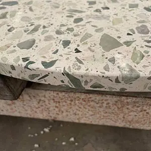 Round White Cement Terrazzo with Big Green Aggregates Table Tops
