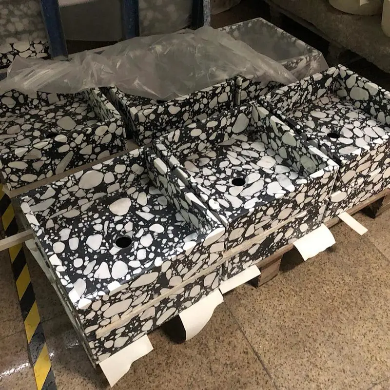 Black Cement Terrazzo with White Marble Big Aggregates Bathroom Basin and Sink