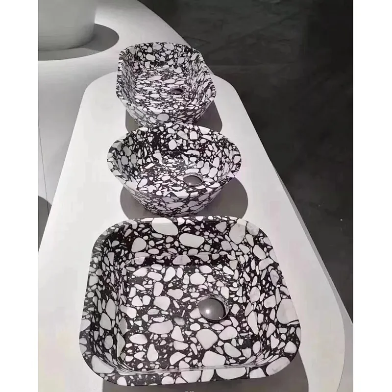 Black Cement Terrazzo with White Marble Big Aggregates Bathroom Basin and Sink