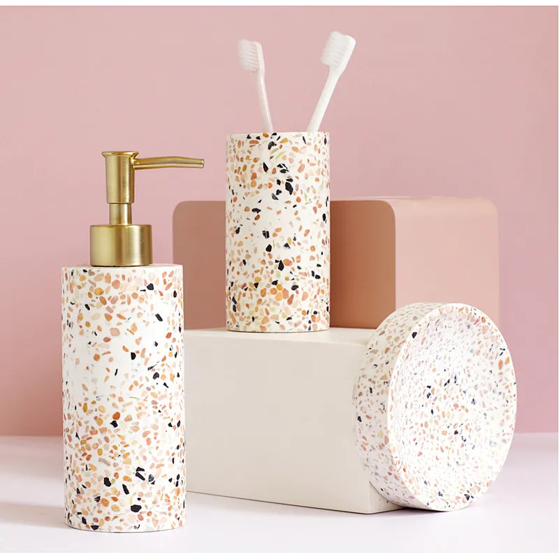 Bathroom Decoration Set, Resin Wash Set, Bathroom Toothbrush Mouthwash Cup,Terrazzo Cup for Hotel Toilet