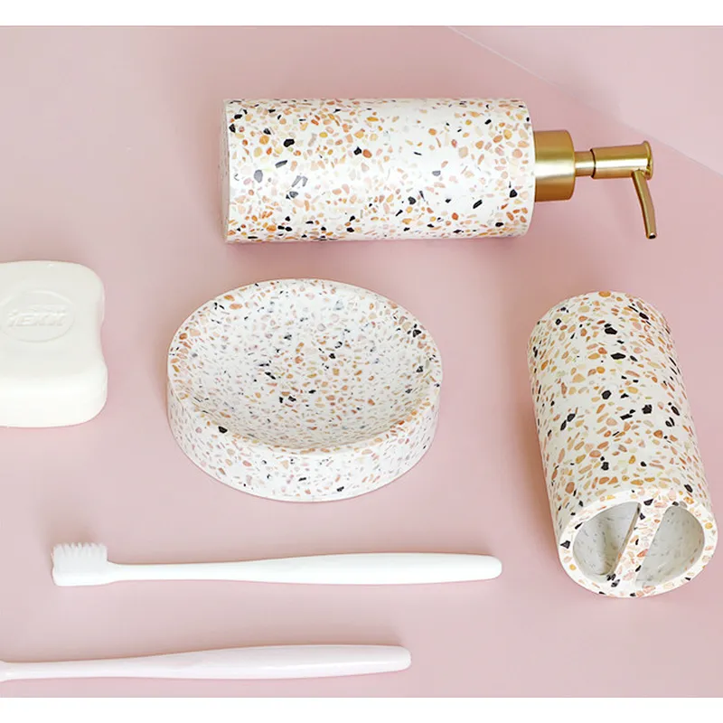 Bathroom Decoration Set, Resin Wash Set, Bathroom Toothbrush Mouthwash Cup,Terrazzo Cup for Hotel Toilet