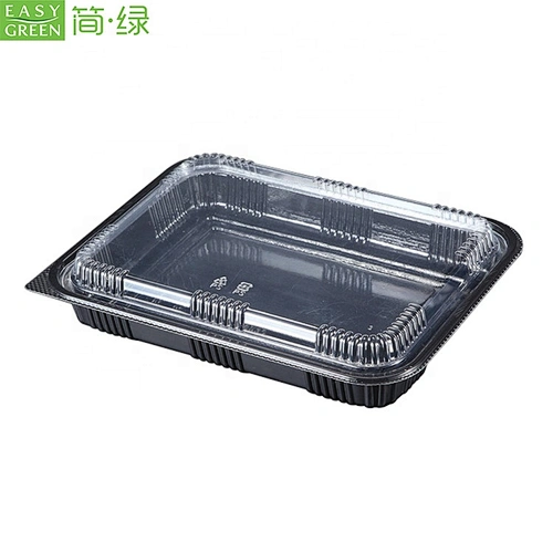Easy Green Square Black One Time Plastic PS Takeaway Sushi Food Serving Plate Disposable With Lid