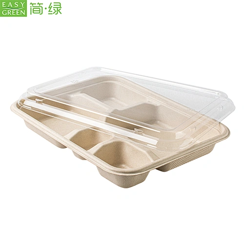 Bagasse pulp Bamboo Disposable Biodegradable 5 Compartment Lunch Plate Food Tray With PET Lid