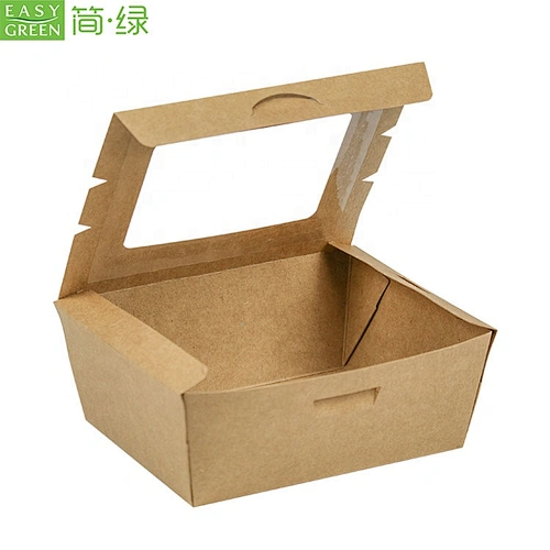 Easy Green disposable beautiful brown printed paper french fries cone kraft paper tray with clear window lid