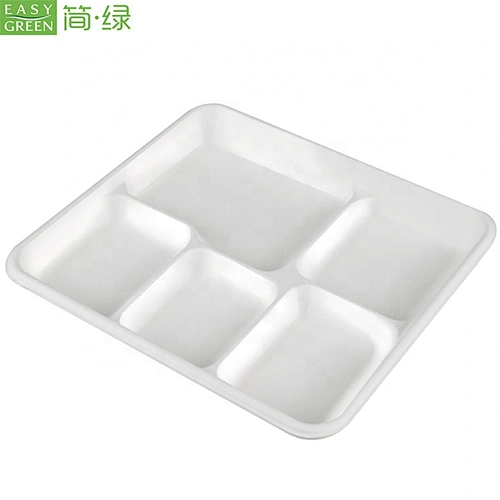 Easy Green Cheap Wholesale Natural Pulp Bulk Rectangular Dinner 5 Compartment Plate