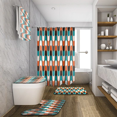Most Popular Mid-Century  Pattern Custom 100% Polyester Bathroom Sets With Shower Curtain and Rugs custom digital printing