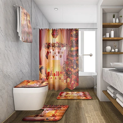 Christmas Bathroom Shower Curtain Mat Set 4 pieces Waterproof  Non Slip Rug Shower Curtain For bathroom Xmas Decoration