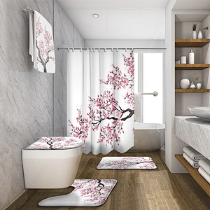 Blooming Pink Cherry Tree Shower Curtain Pink and Gray Trees Road Landscape Scenic Fabric Waterproof Bathroom Decor