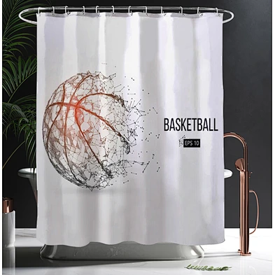Shower Curtain Decor Set - Basketball Ball  Desgin Bath Curtains - Polyester Fabric Waterproof Curtains - 12pcs Shower Hooks