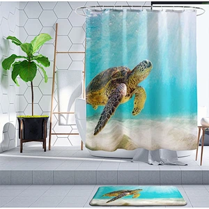 Sea Turtle Shower Curtain Set with Non-Slip Bath Mat Nautical Ocean Shower Curtains with Hooks Durable Waterproof Bath Curtain