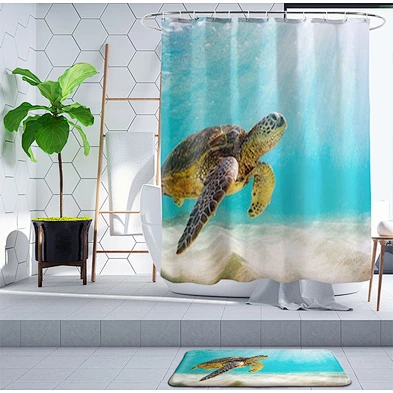 Sea Turtle Shower Curtain Set with Non-Slip Bath Mat Nautical Ocean Shower Curtains with Hooks Durable Waterproof Bath Curtain