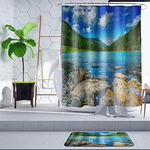 Customized washable  anti-bacteral ocean sea scenery shower curtain HD printing waterproof bathroom shower curtain
