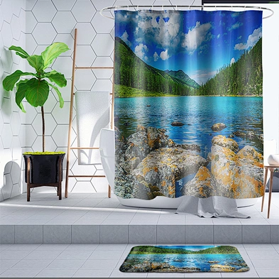 Customized washable  anti-bacteral ocean sea scenery shower curtain HD printing waterproof bathroom shower curtain