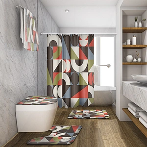 Most Popular Mid-Century  Pattern Custom 100% Polyester Bathroom Sets With Shower Curtain and Rugs custom digital printing