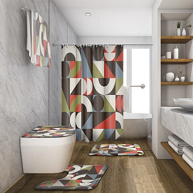 Most Popular Mid-Century  Pattern Custom 100% Polyester Bathroom Sets With Shower Curtain and Rugs custom digital printing