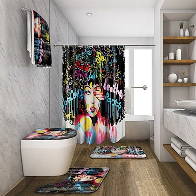 Black girl magic bathroom rugs and mats sets with waterproof shower curtain African American