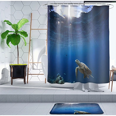 Sea Turtle Shower Curtain Set with Non-Slip Bath Mat Nautical Ocean Shower Curtains with Hooks Durable Waterproof Bath Curtain