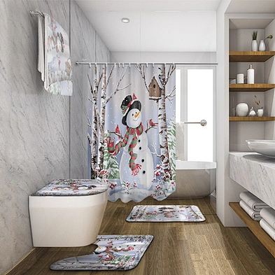 Christmas Bathroom Shower Curtain Mat Set 4 pieces Waterproof  Non Slip Rug Shower Curtain For bathroom Xmas Decoration