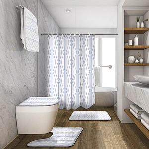 Most Popular Mid-Century  Pattern Custom 100% Polyester Bathroom Sets With Shower Curtain and Rugs custom digital printing