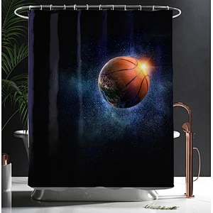 Shower Curtain Decor Set - Basketball Ball  Desgin Bath Curtains - Polyester Fabric Waterproof Curtains - 12pcs Shower Hooks