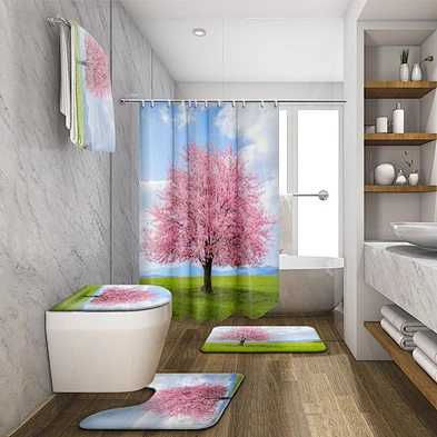 Blooming Pink Cherry Tree Shower Curtain Pink and Gray Trees Road Landscape Scenic Fabric Waterproof Bathroom Decor