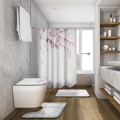 Blooming Pink Cherry Tree Shower Curtain Pink and Gray Trees Road Landscape Scenic Fabric Waterproof Bathroom Decor