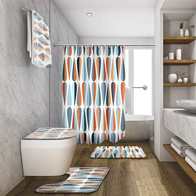 Most Popular Mid-Century  Pattern Custom 100% Polyester Bathroom Sets With Shower Curtain and Rugs custom digital printing
