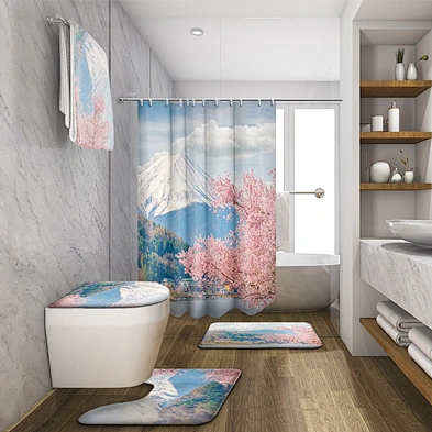 Blooming Pink Cherry Tree Shower Curtain Pink and Gray Trees Road Landscape Scenic Fabric Waterproof Bathroom Decor