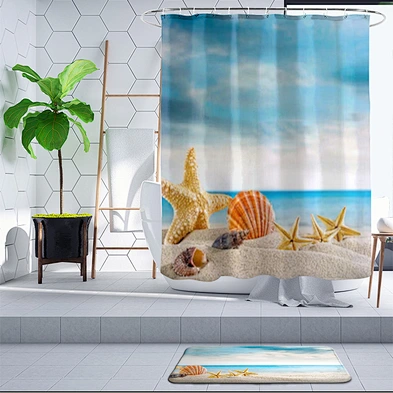 Starfish Beach Shower Curtain Waves Ocean Sky Shower Curtain Waterproof Polyester  seashell Shower Curtain with 12 Hooks