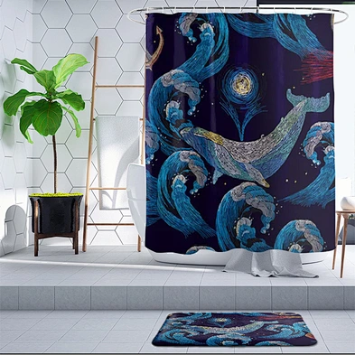 Latest Kids Style Cute Blue Whale Printing Waterproof Bath polyester kid cartoon whale  Hookless Shower Curtain