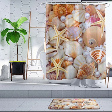 Starfish Beach Shower Curtain Waves Ocean Sky Shower Curtain Waterproof Polyester  seashell Shower Curtain with 12 Hooks