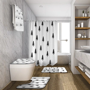 Christmas Bathroom Shower Curtain Mat Set 4 pieces Waterproof  Non Slip Rug Shower Curtain For bathroom Xmas Decoration