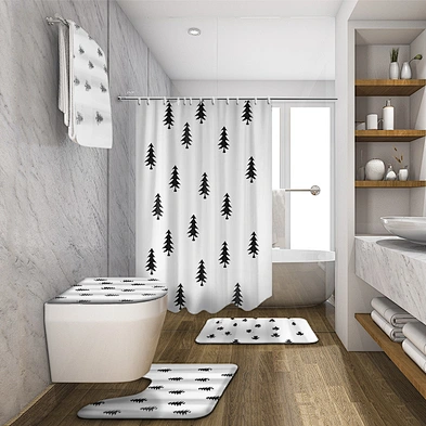 Christmas Bathroom Shower Curtain Mat Set 4 pieces Waterproof  Non Slip Rug Shower Curtain For bathroom Xmas Decoration