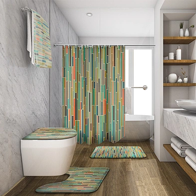 Most Popular Mid-Century  Pattern Custom 100% Polyester Bathroom Sets With Shower Curtain and Rugs custom digital printing