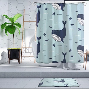 Latest Kids Style Cute Blue Whale Printing Waterproof Bath polyester kid cartoon whale  Hookless Shower Curtain