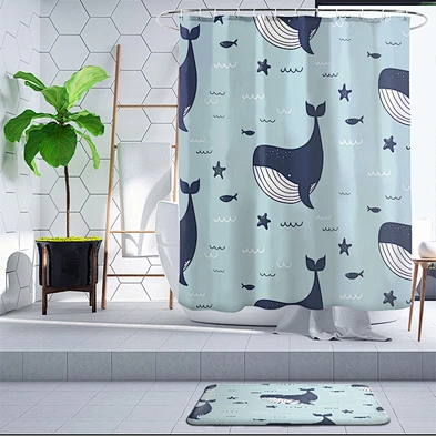 Latest Kids Style Cute Blue Whale Printing Waterproof Bath polyester kid cartoon whale  Hookless Shower Curtain