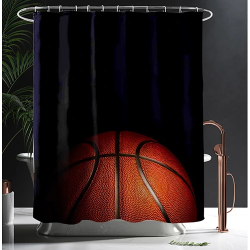 Shower Curtain Decor Set - Basketball Ball  Desgin Bath Curtains - Polyester Fabric Waterproof Curtains - 12pcs Shower Hooks