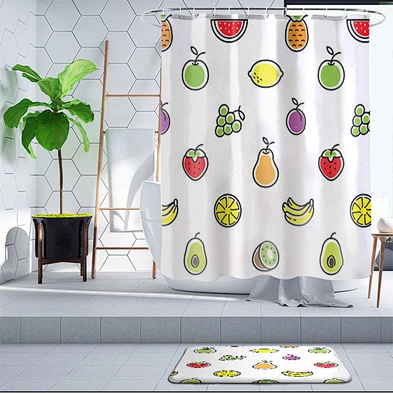 Polyester custom curtain printing shower curtain peach for bathroom avocado pear pineapple fruit shower curtain